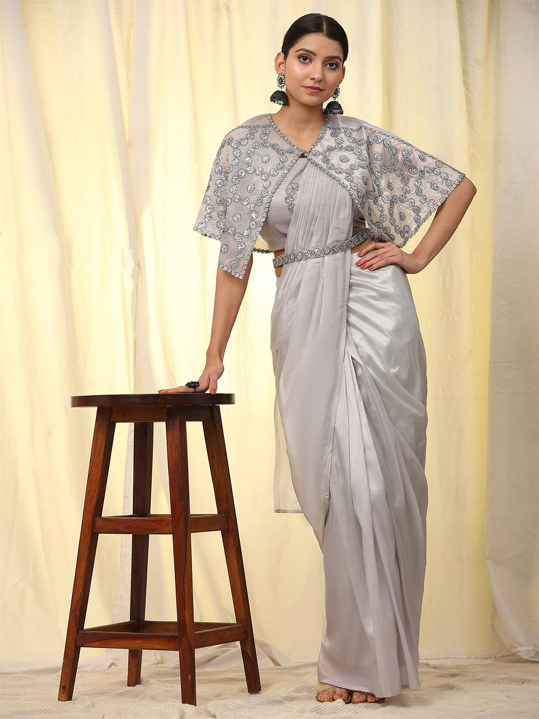 

all about you Grey Ready to Wear Sequinned Satin Saree With Shrug