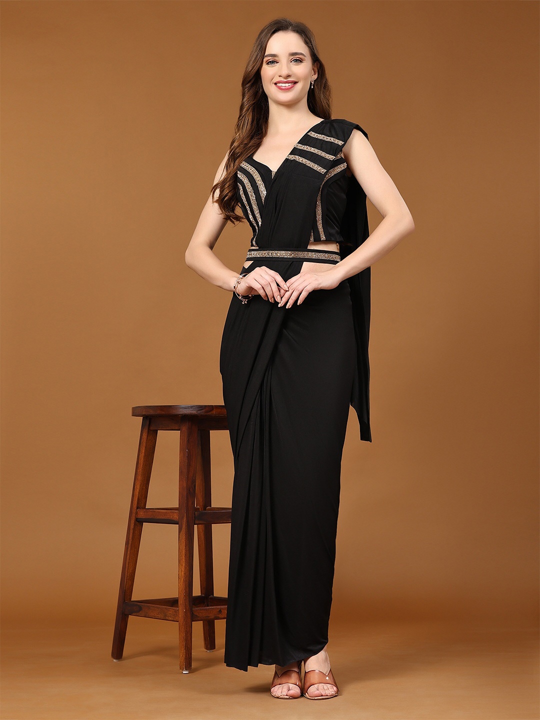 

all about you Black Imported Crystle Beads and Stones Ready to Wear Saree with Belt