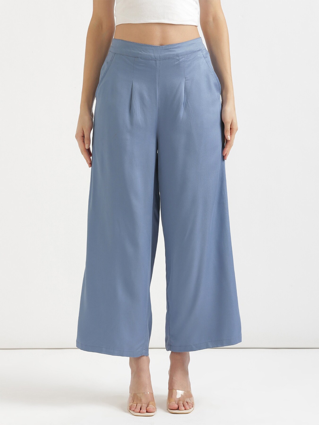 

SAADAA Wide Leg Mid Rise Palazzos, Blue