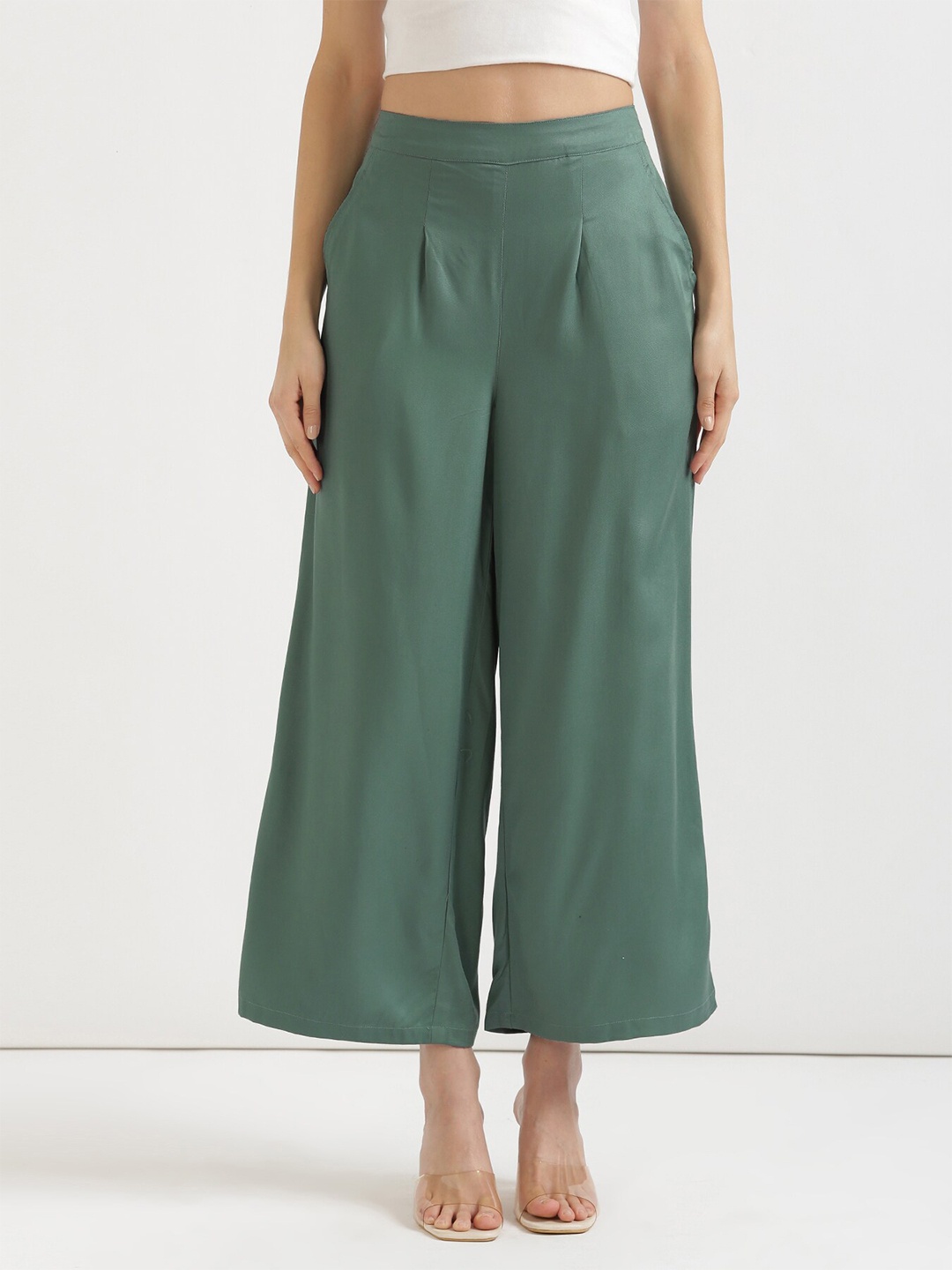 

SAADAA Wide Leg Mid Rise Palazzos, Green