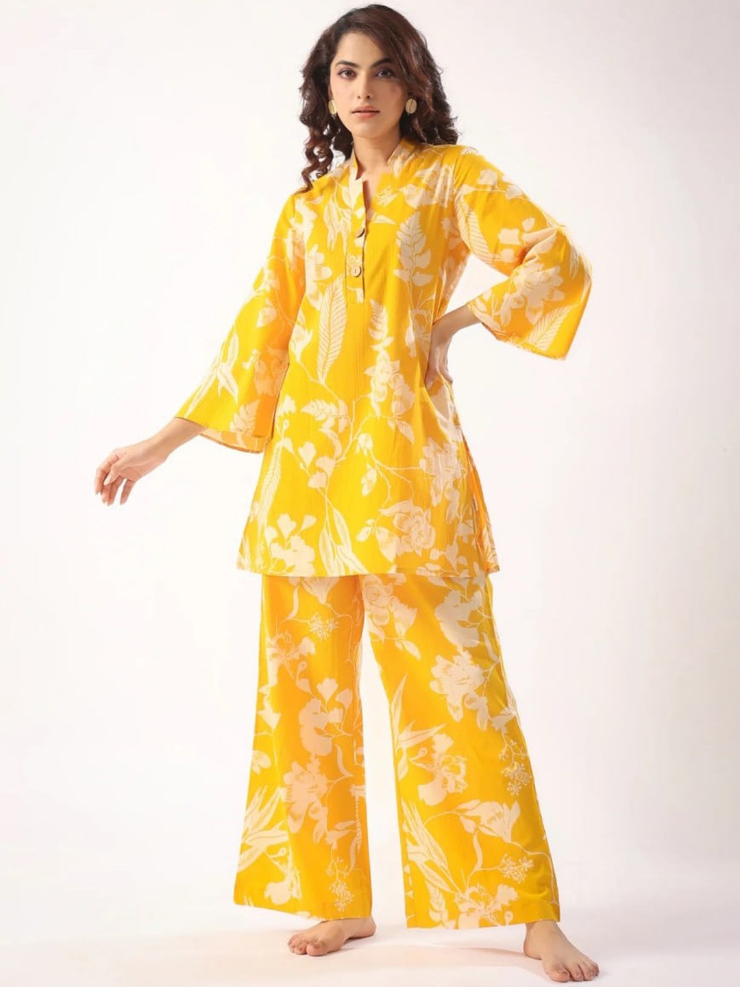 

ISHA TRADE Floral Printed Mandarin Collar Top With Palazzos, Yellow