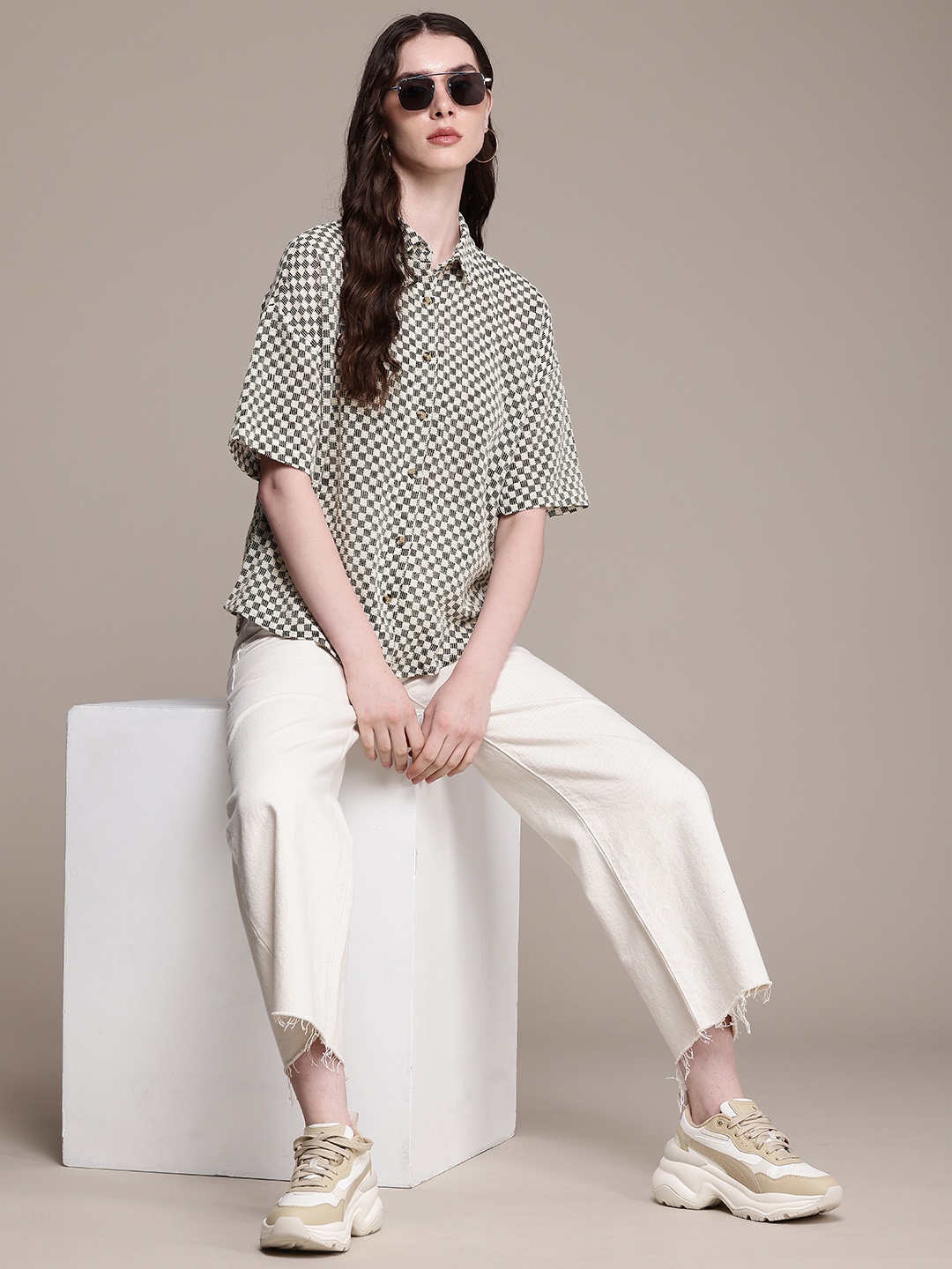 

Roadster Relaxed Oversized Drop-Shoulder Sleeves Semi Sheer Casual Shirt, Beige
