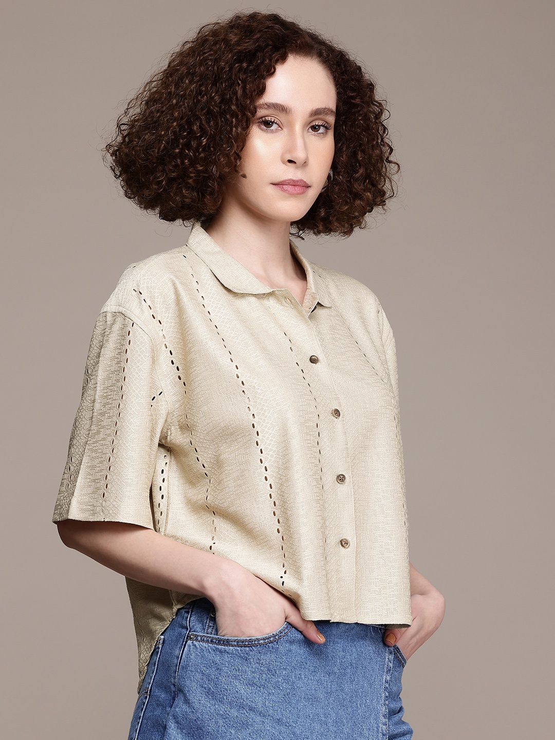 

Roadster Women Comfort Textured Schiffli Casual Shirt, Beige