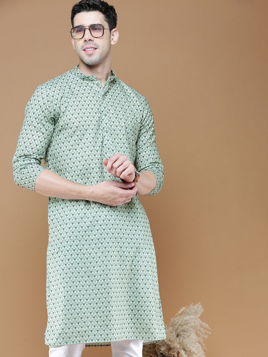 

Anouk Mandarin Collar Geometric Cotton Pastels Kurta, Green