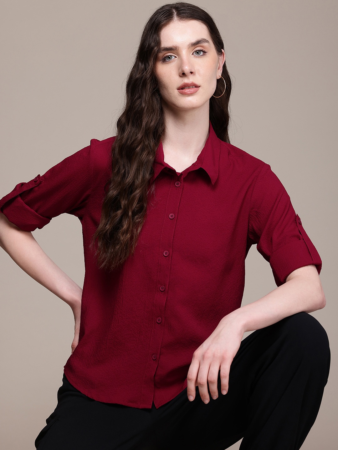 

Roadster Women Standard Textured Casual Shirt, Maroon
