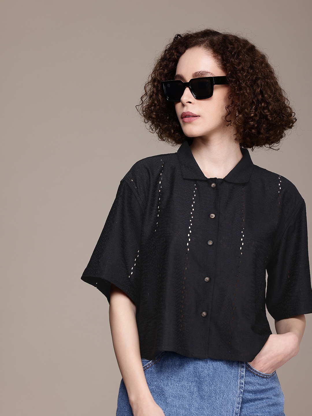 

Roadster Women Comfort Solid Schiffli Casual Shirt, Black