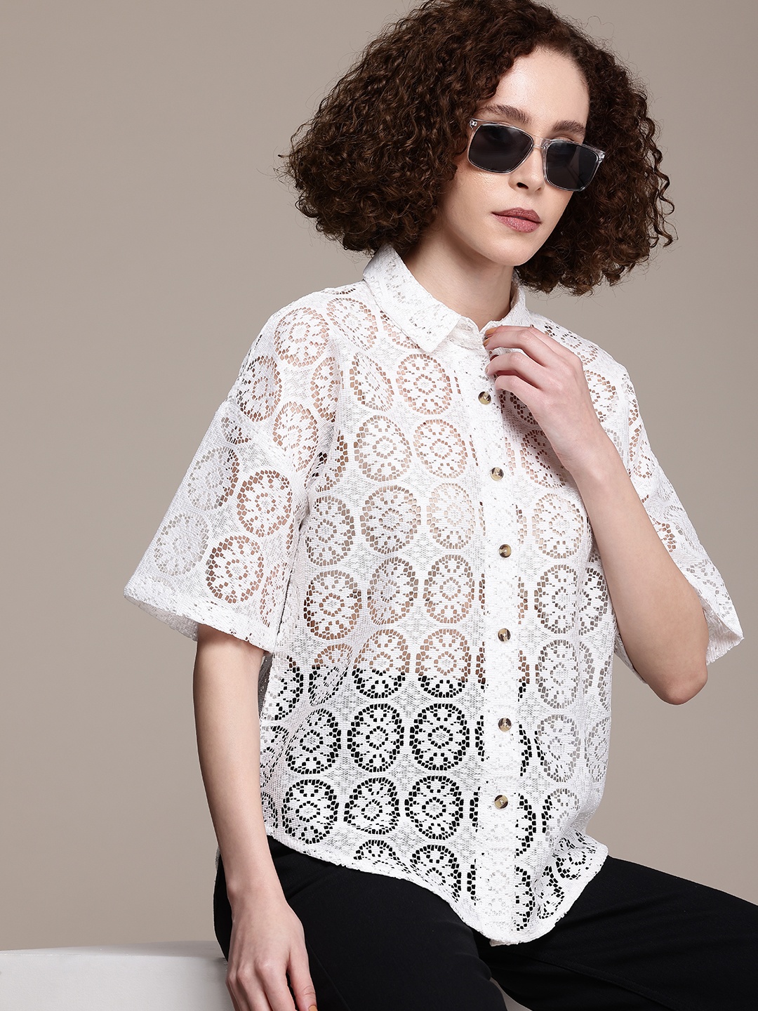 

Roadster Relaxed Oversized Drop-Shoulder Sleeves Sheer Casual Shirt, White