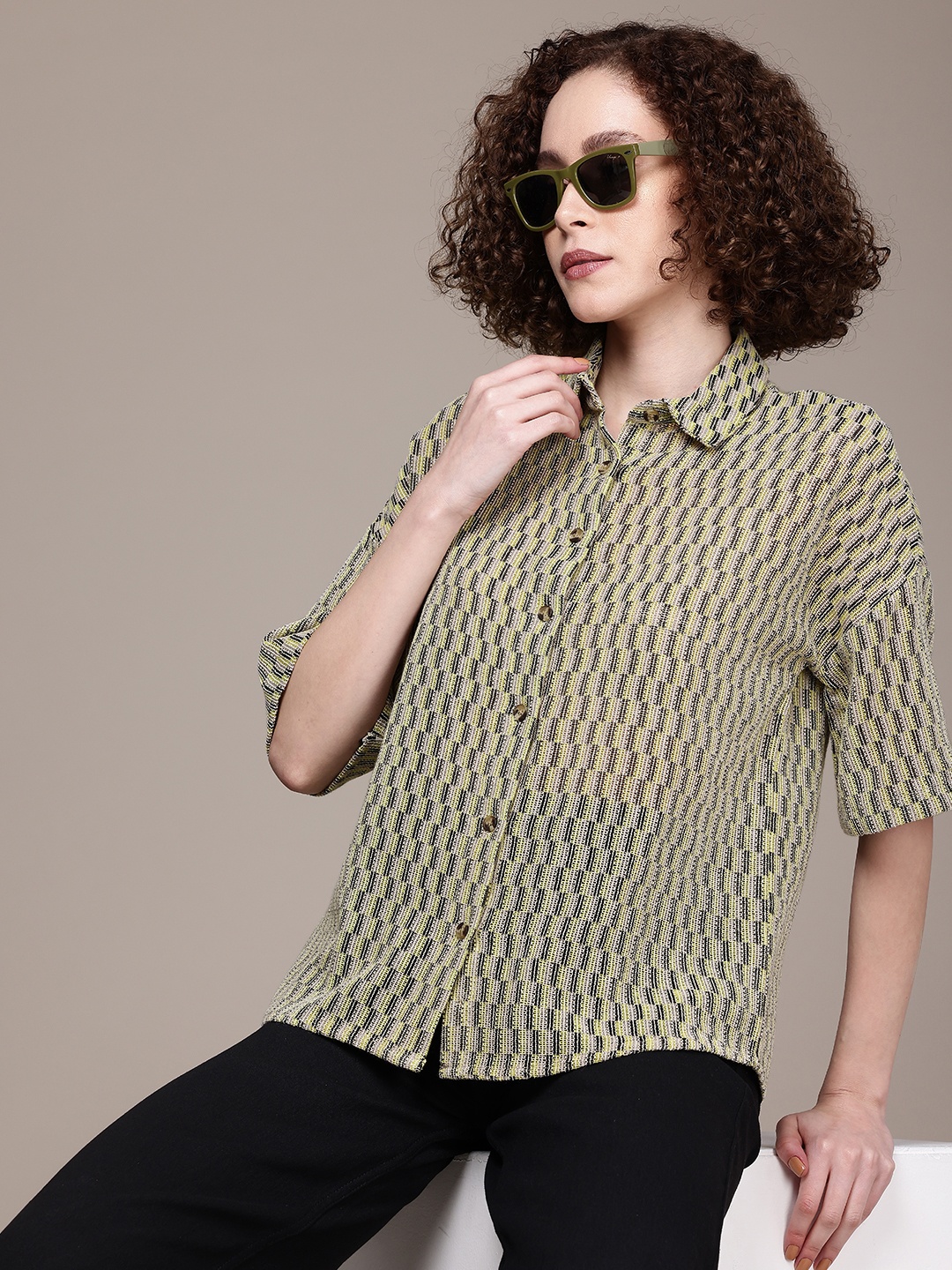 

Roadster Relaxed Oversized Drop-Shoulder Sleeves Semi Sheer Casual Shirt, Green