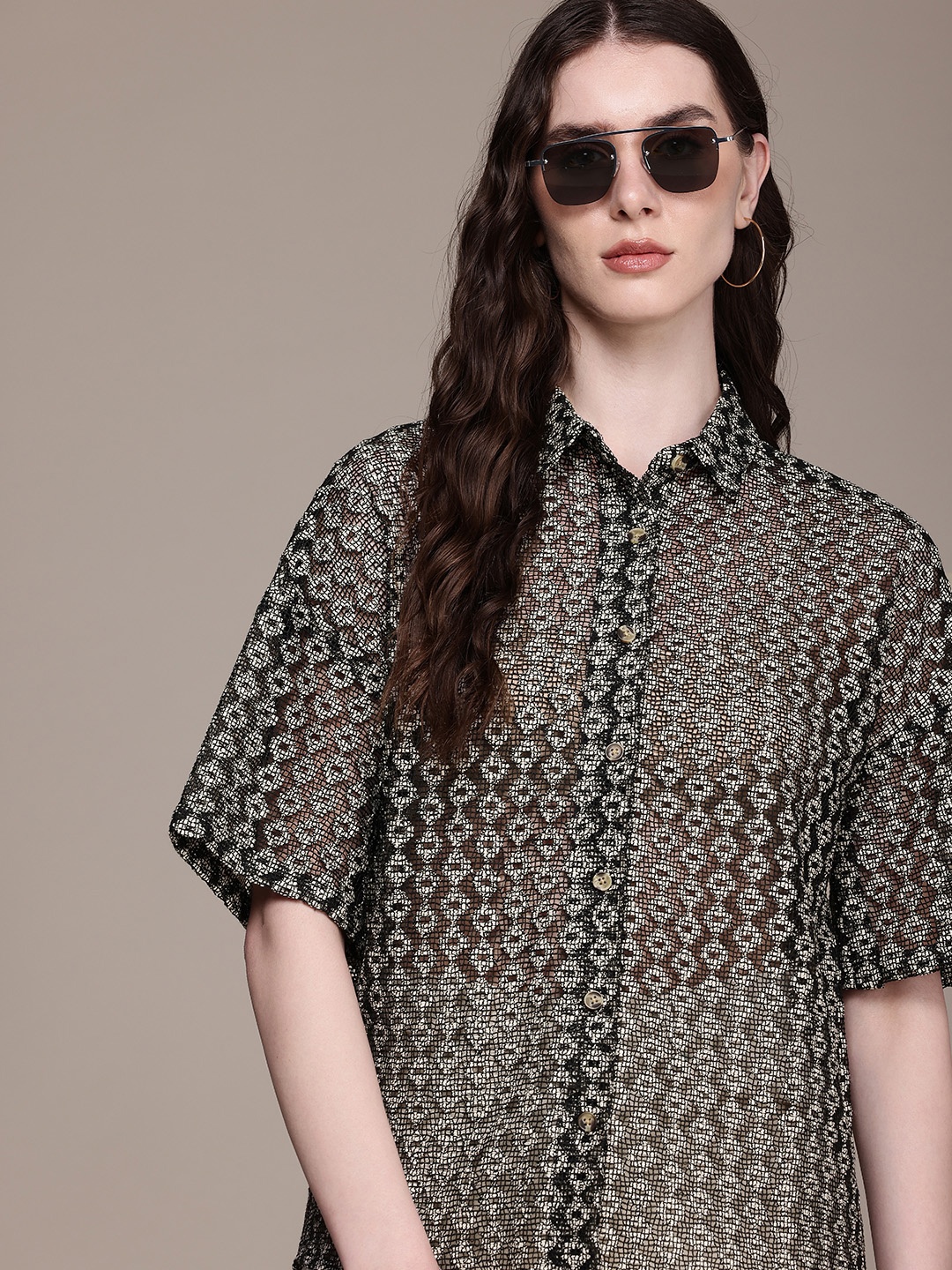 

Roadster Relaxed Oversized Drop-Shoulder Sleeves Sheer Casual Shirt, Black