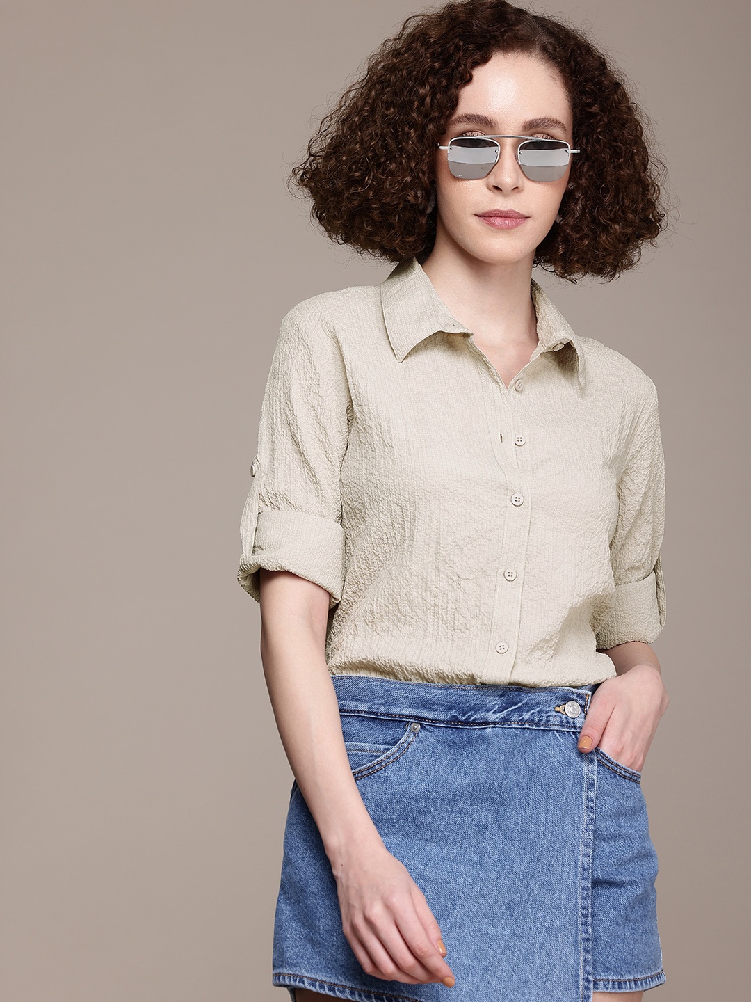

Roadster Women Standard Textured Casual Shirt, Cream