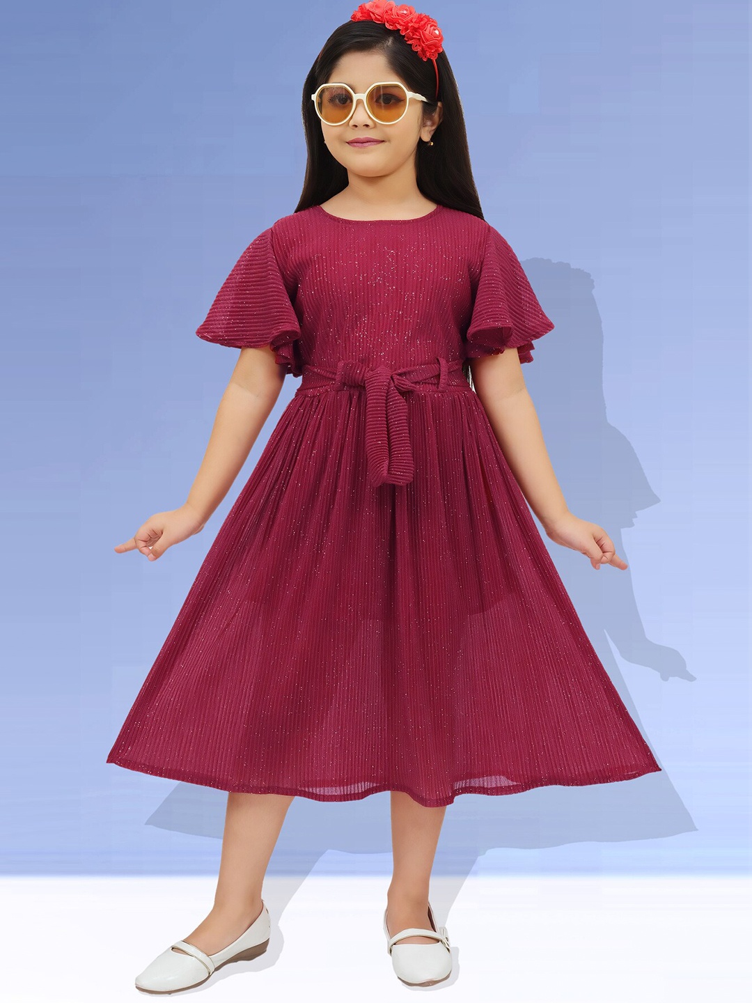 

BAESD Girls Round Neck Short Flared Sleeves Fit & Flare Midi Dress, Brown