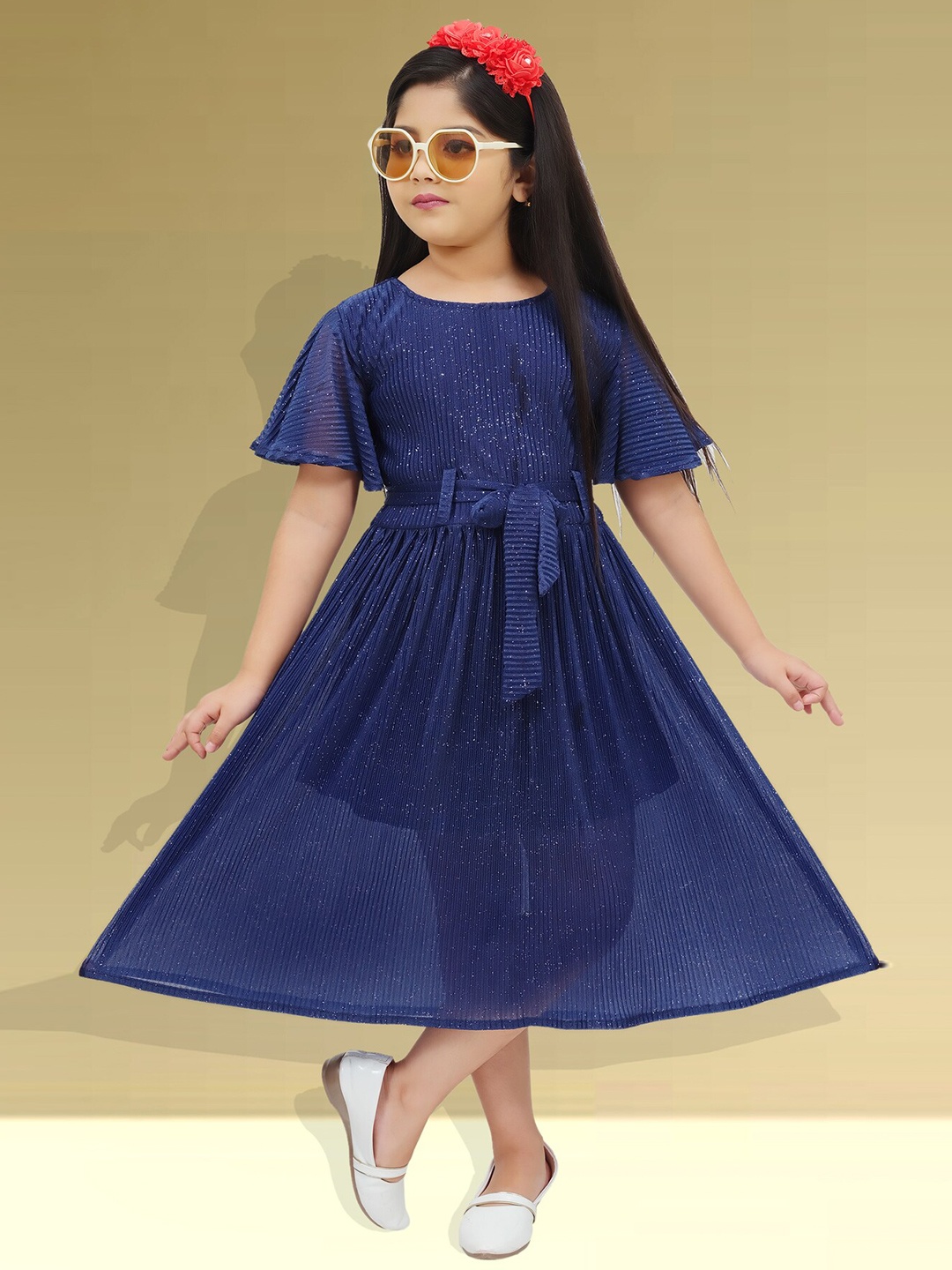 

BAESD Girls Round Neck Short Flared Sleeves Fit & Flare Midi Dress, Blue