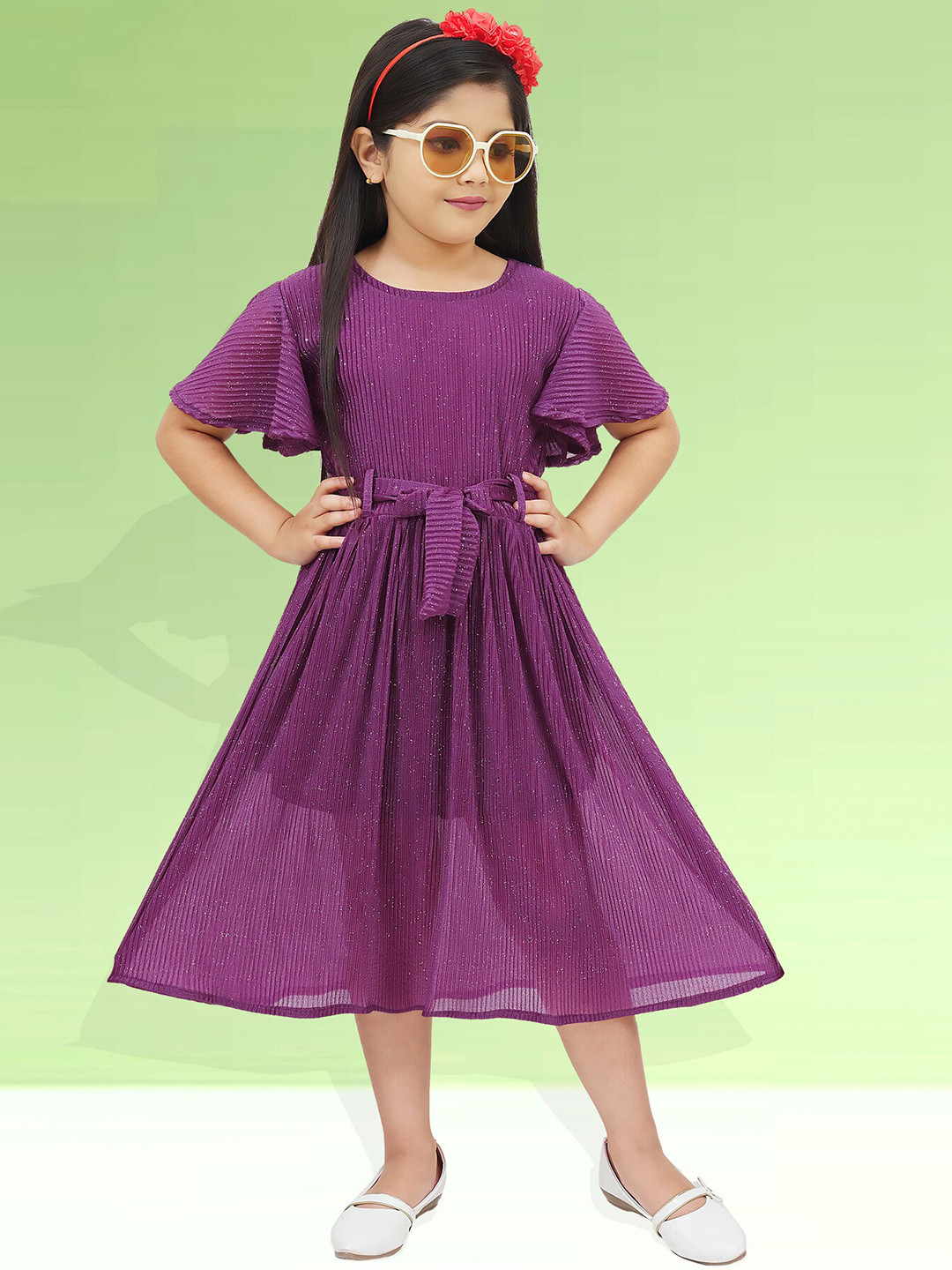 

BAESD Girls Round Neck Short Flared Sleeves Fit & Flare Midi Dress, Purple