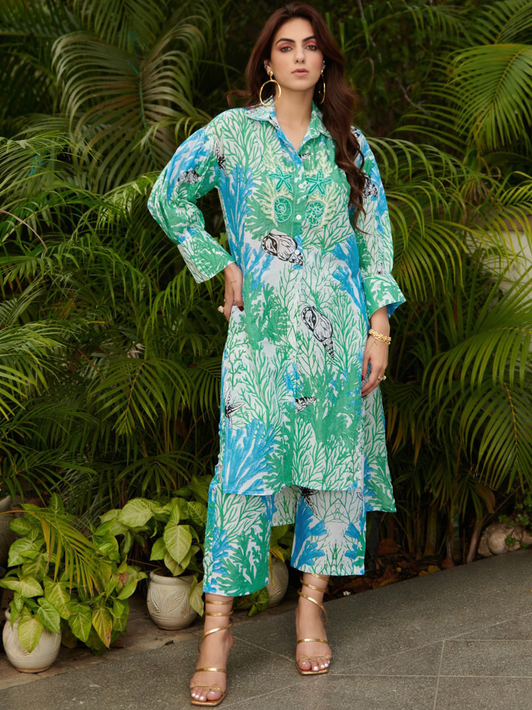 

CIN CIN Shirt Collar Printed Tunic & Trousers Co-Ords, Turquoise blue