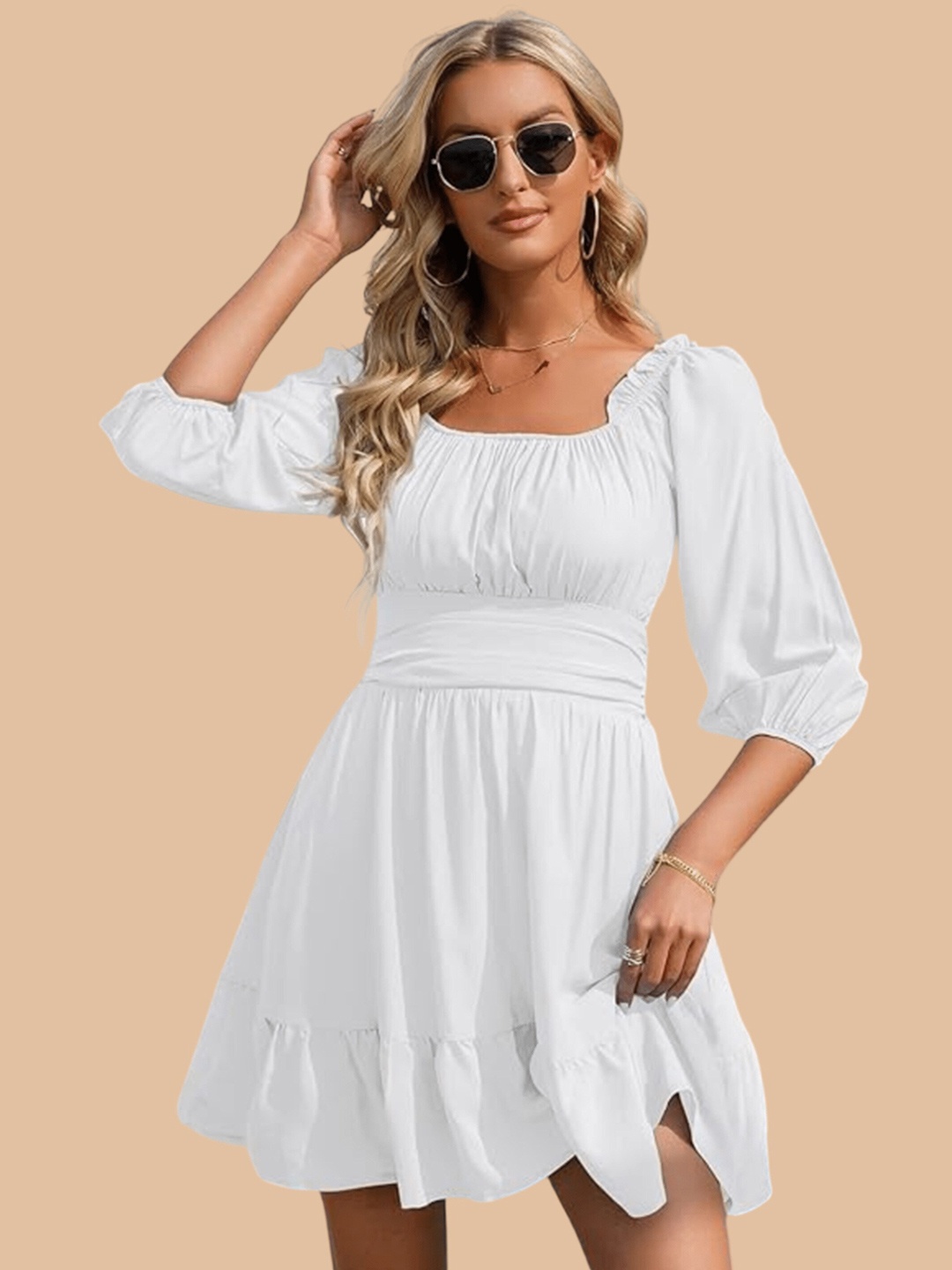 

Fashion2wear Puff Sleeve Fringed Georgette Fit & Flare Dress, Off white