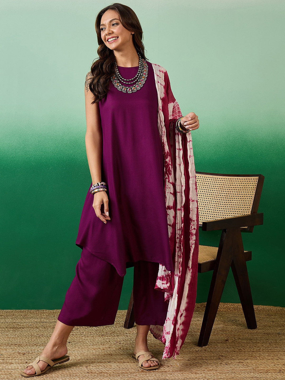 

Sangria Sleeveless Boat Neck A-Line Kurta With Palazzo & Dupatta, Purple