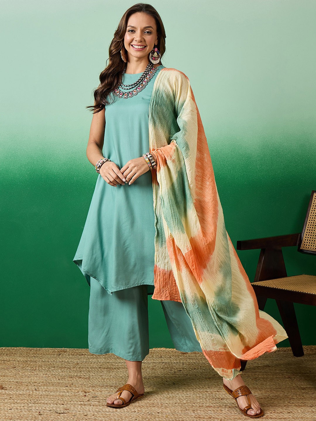 

Sangria Turquoise Blue Round Neck A-Line Kurta & Palazzos With Dupatta