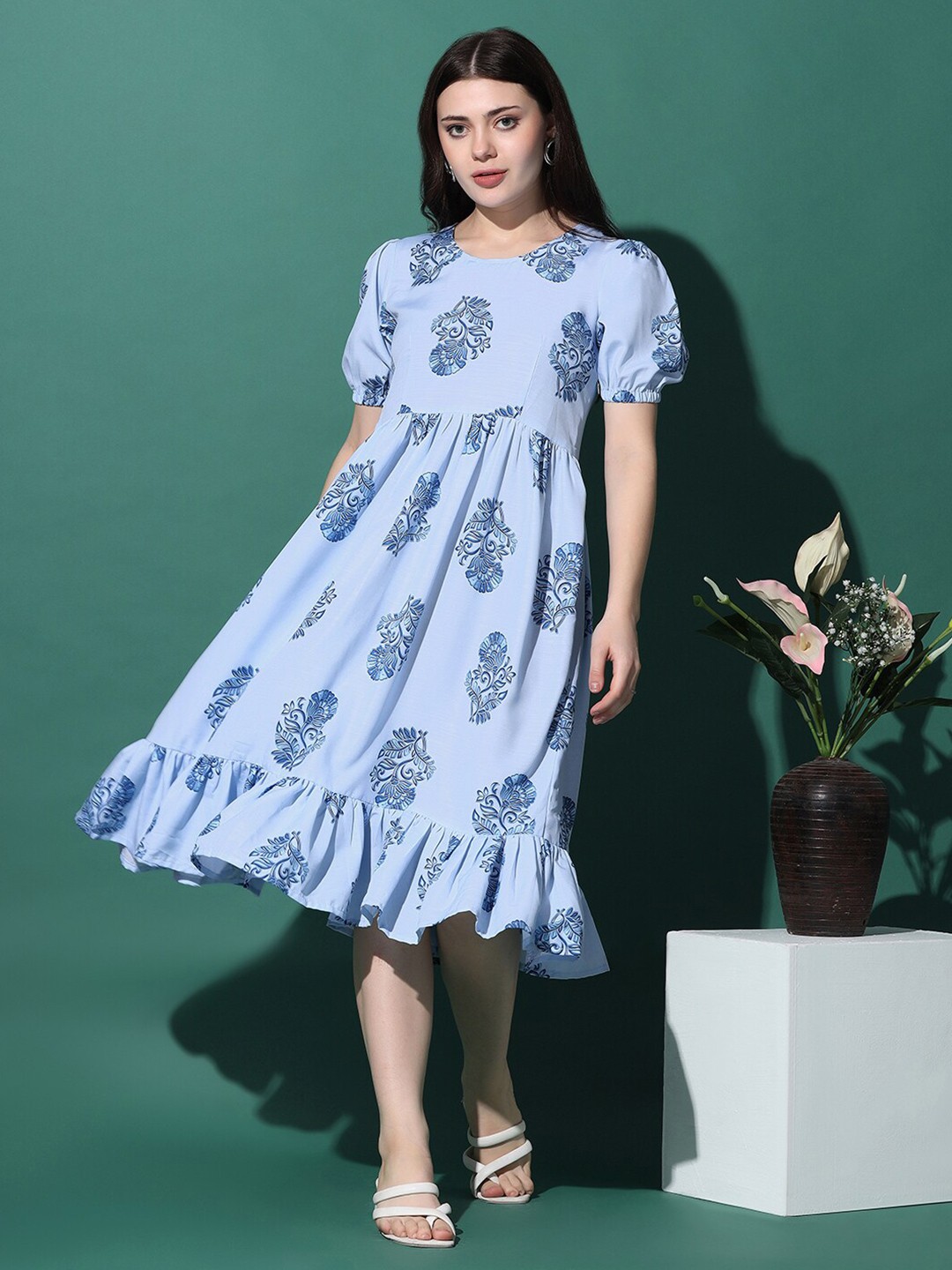 

FASHION DREAM Floral Print Fit & Flare Midi Casual Dress, Blue