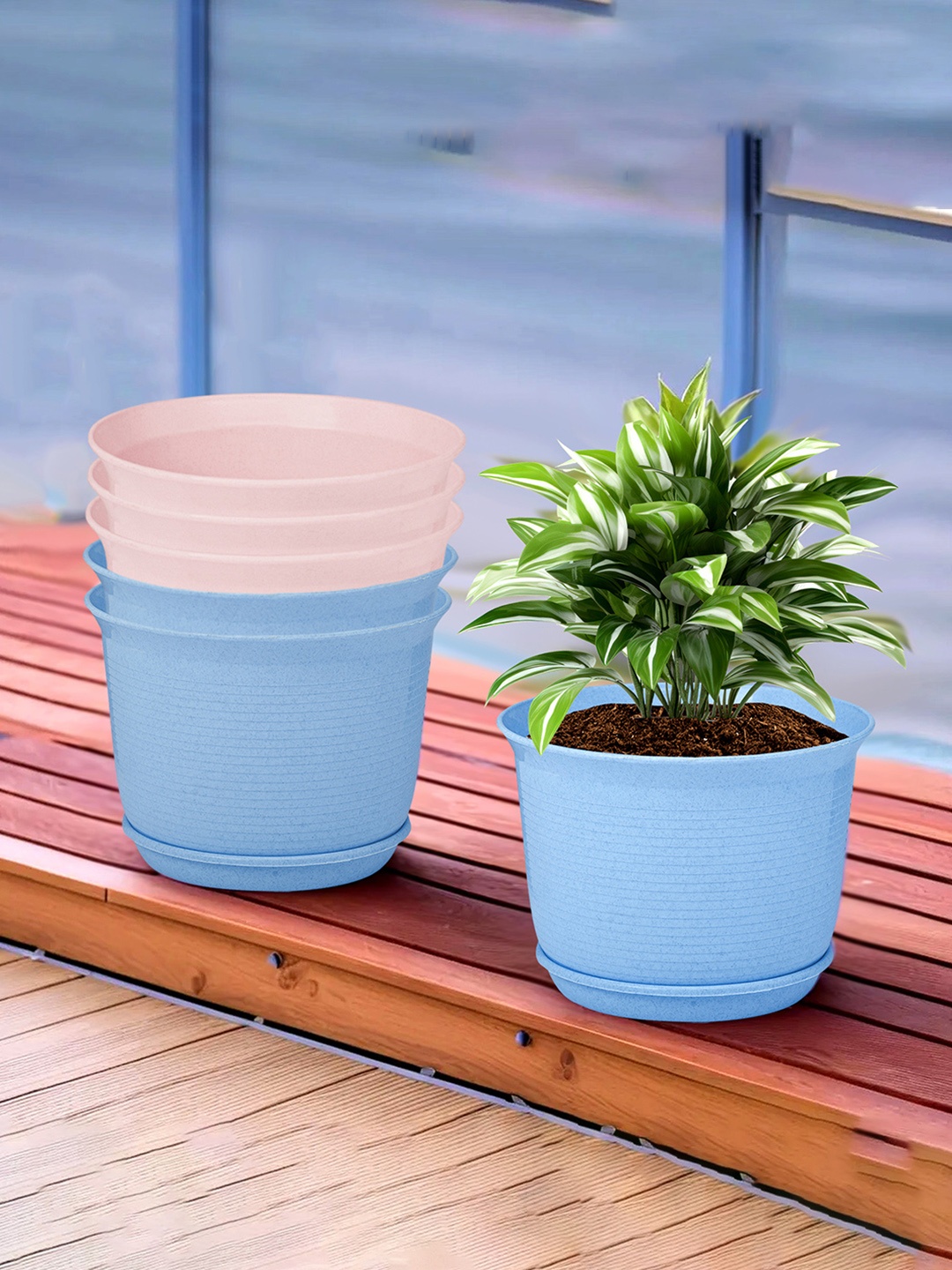 

Kuber Industries Blue & Pink 6 Pcs Textured Flower Pot Planters With Tray