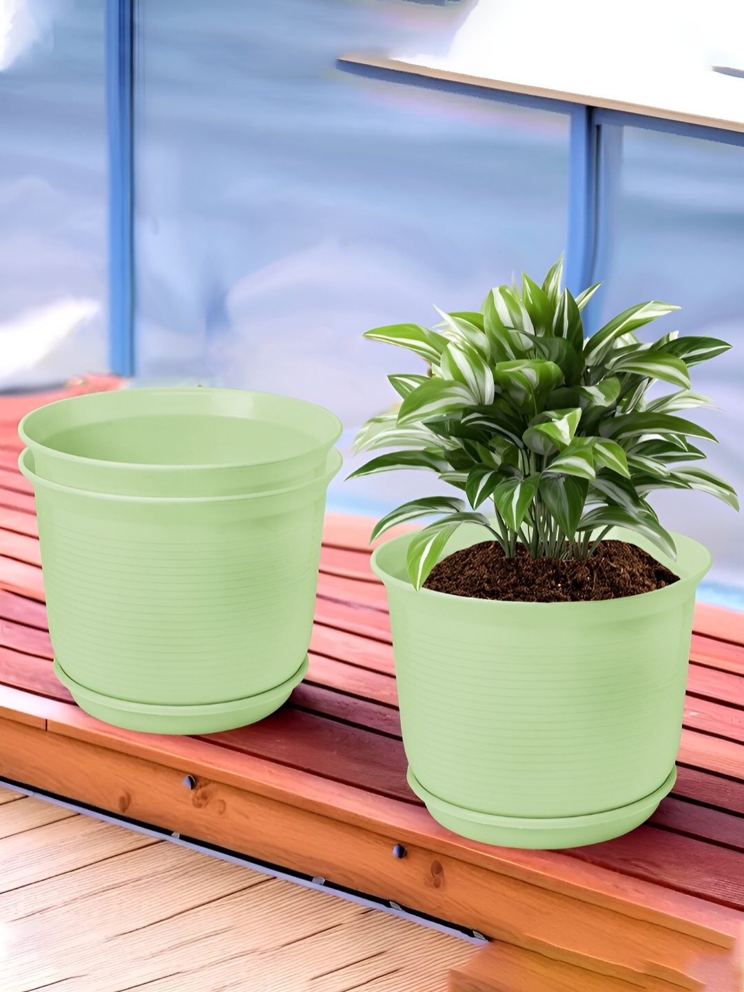 

Kuber Industries Green 3 Pcs Flower Pot Planters With Tray