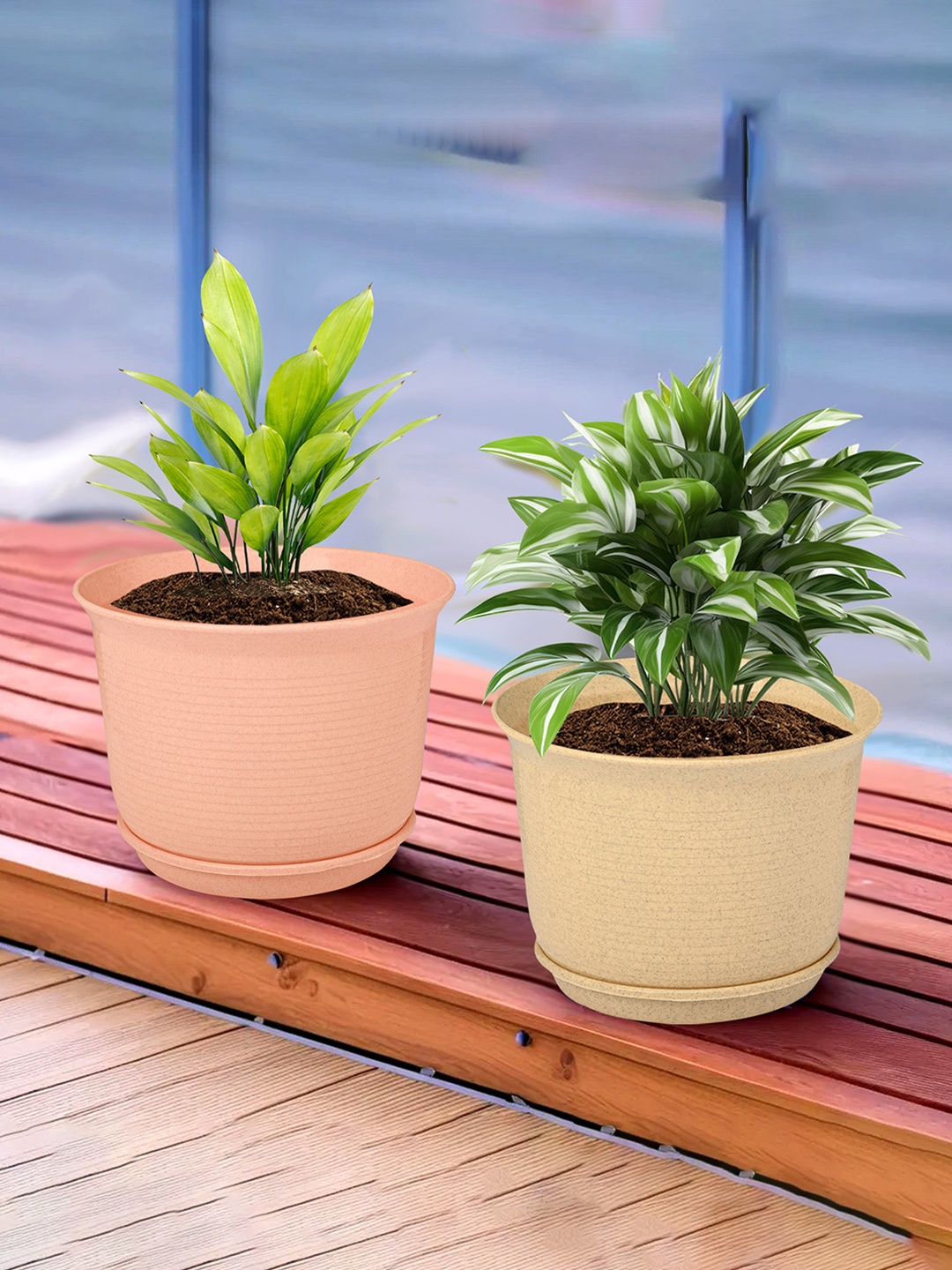 

Kuber Industries Beige & Peach 2 Pieces Textured Flower Pot Planters With Tray