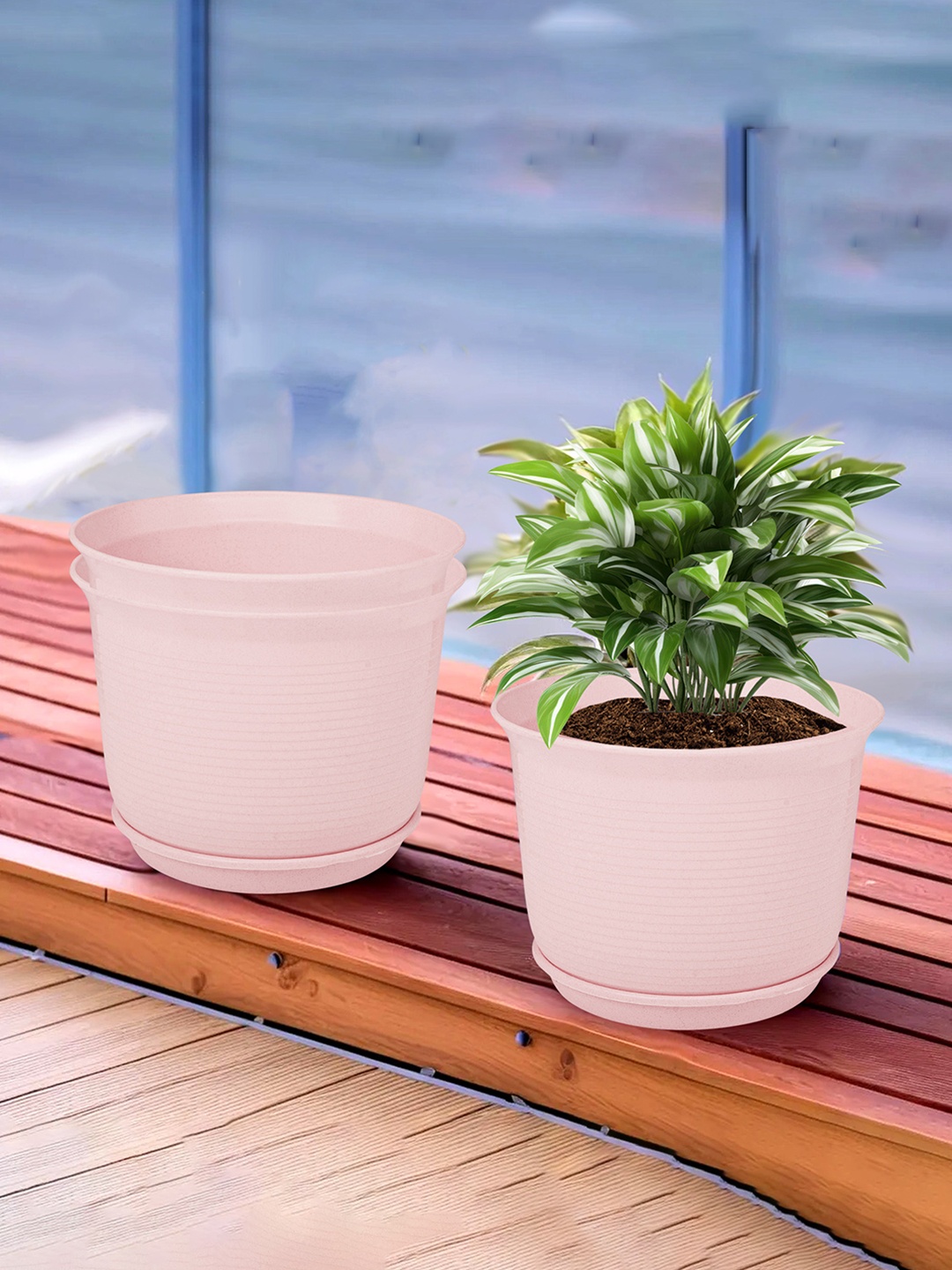 

Kuber Industries Pink 3 Pieces Textured Flower Pot Planters With Tray