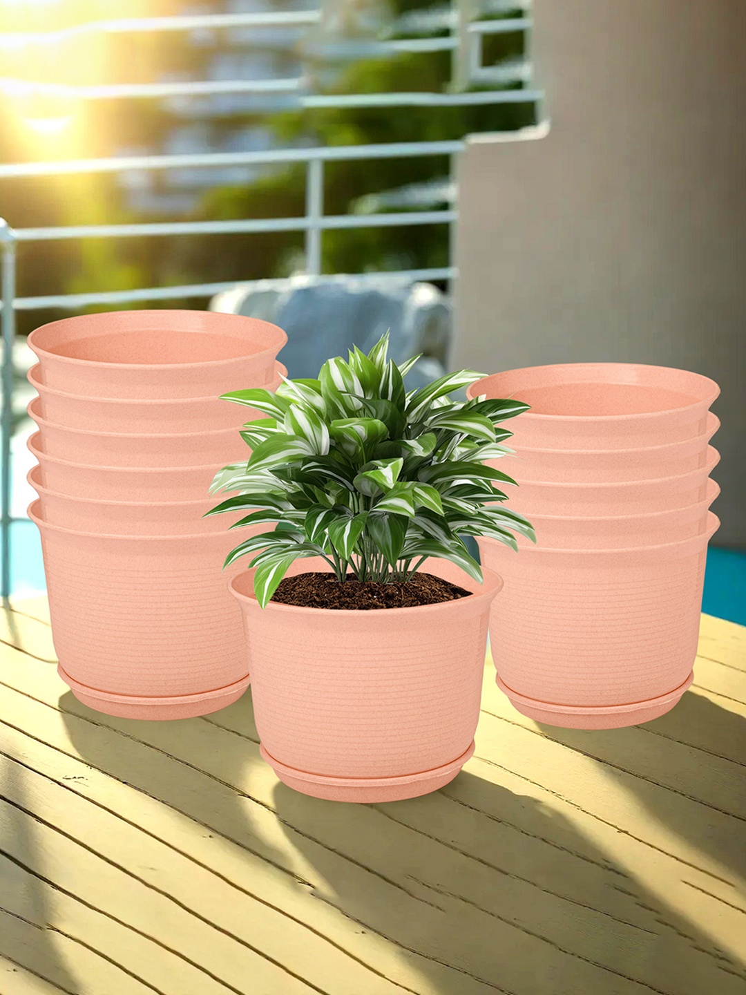 

Kuber Industries Marble Mega Peach Coloured 12 Pcs Textured Flower Pot Planters With Tray