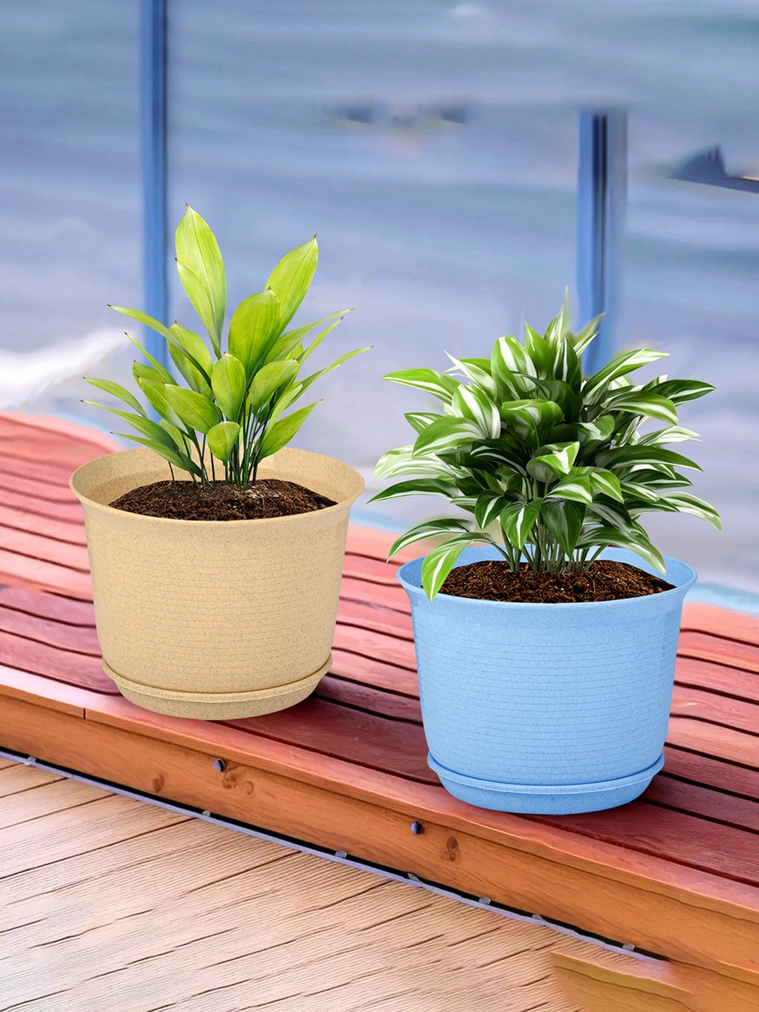 

Kuber Industries Blue & Beige 2 Pcs Textured Flower Pot Planters With Tray