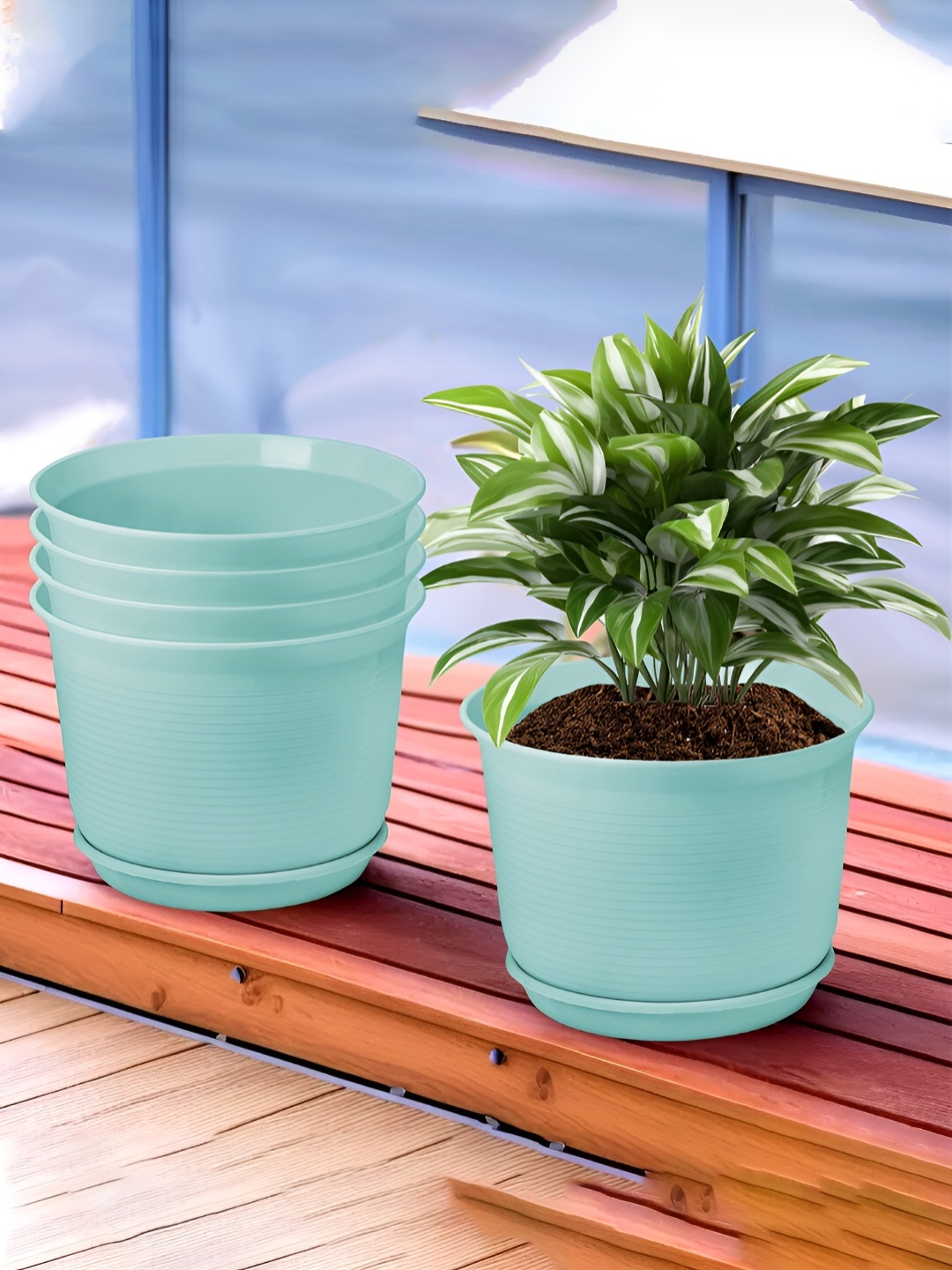 

Kuber Industries Sawera Blue 5 pieces Flower Pot Planters With Tray