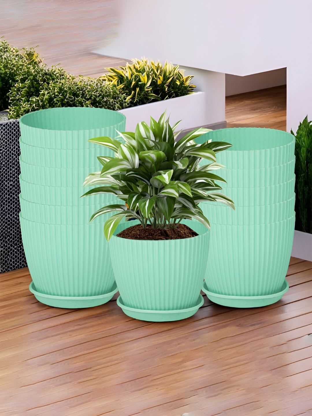 

Kuber Industries Green 6 Pieces Textured Flower Pot Planters With Tray