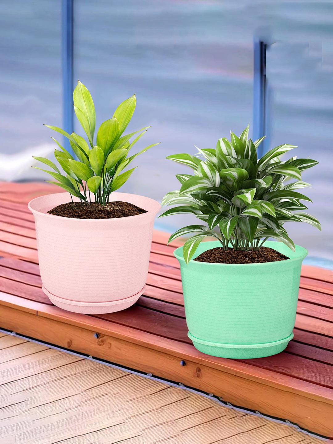 

Kuber Industries Blue & Green 2 Pieces Textured Flower Pot Planters With Tray, Pink