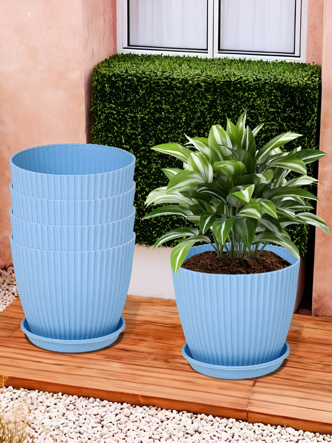 

Kuber Industries Blue 5 Pcs Textured Flower Pot Planters With Tray