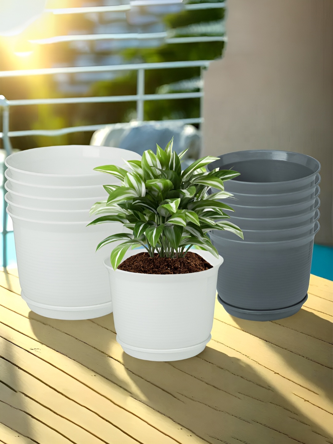 

Kuber Industries White & Grey 12 Pieces Flower Pot Planters With Tray