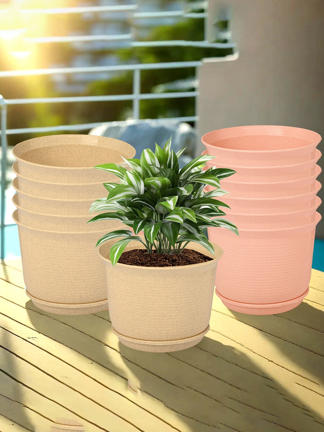 

Kuber Industries Beige & Peach Coloured 12 Pcs Textured Flower Pot Planters With Tray