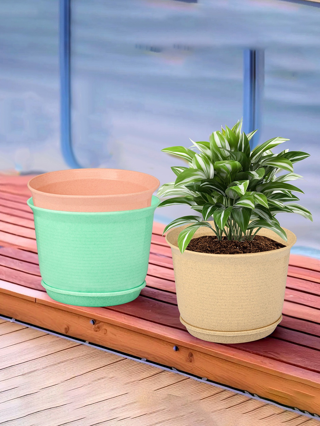 

Kuber Industries Beige & Green 3 Pieces Textured Flower Pot Planters With Tray