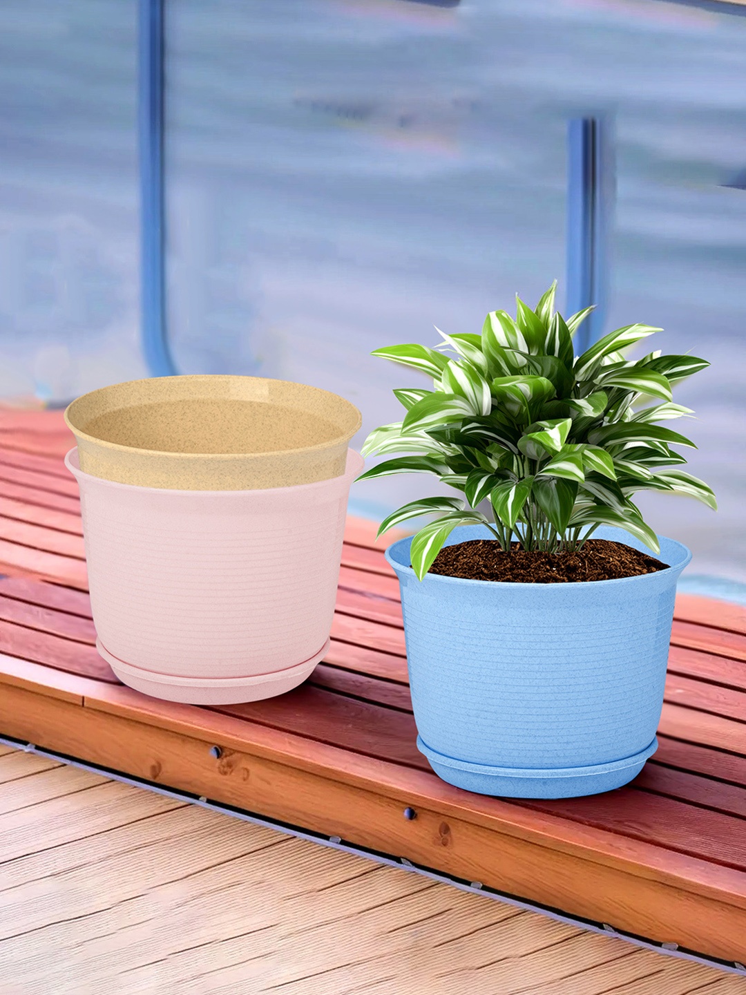

Kuber Industries Blue & Pink 3 Pcs Textured Flower Pot Planters With Tray