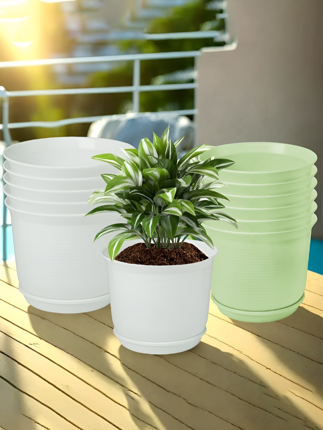 

Kuber Industries White & Green 12 Pieces Flower Pot Planters With Tray