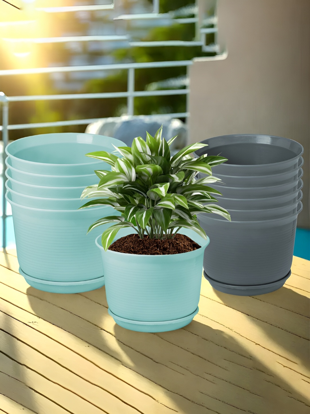 

Kuber Industries Blue & Grey 12 Pieces Flower Pot Planters With Tray