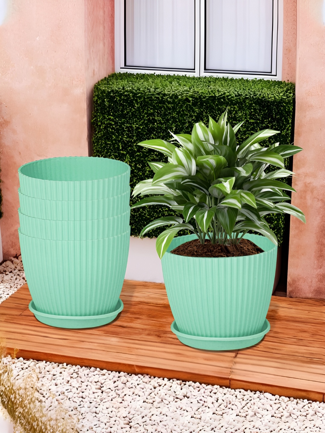 

Kuber Industries Green 5 Pieces Textured Flower Pot Planters With Tray