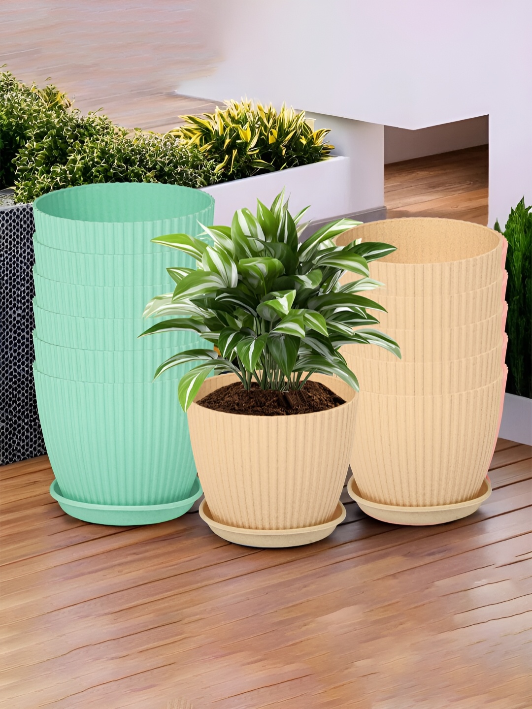 

Kuber Industries Beige & Green 12 Pcs Textured Flower Pot Planters With Tray
