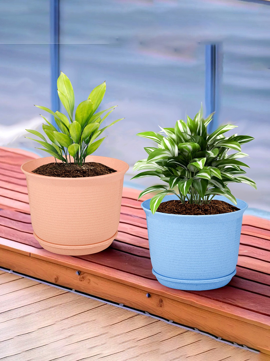 

Kuber Industries Blue & Peach 2 Pieces Textured Flower Pot Planters With Tray