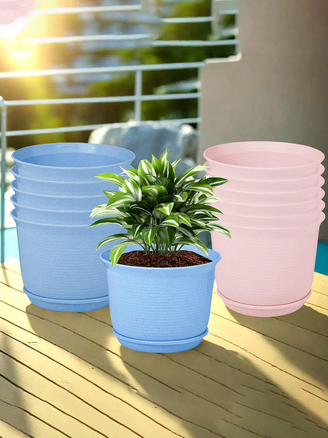 

Kuber Industries Blue & Pink 12 Pieces Textured Flower Pot Planters With Tray
