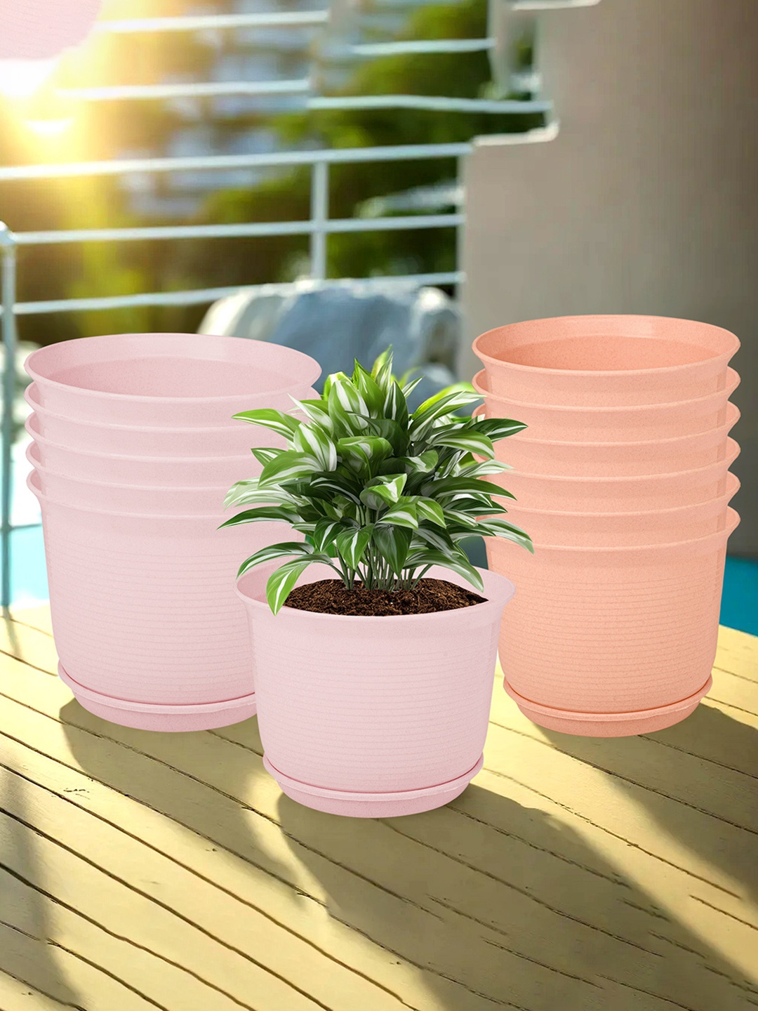 

Kuber Industries Peach & Pink 12 Pieces Textured Flower Pot Planters With Tray