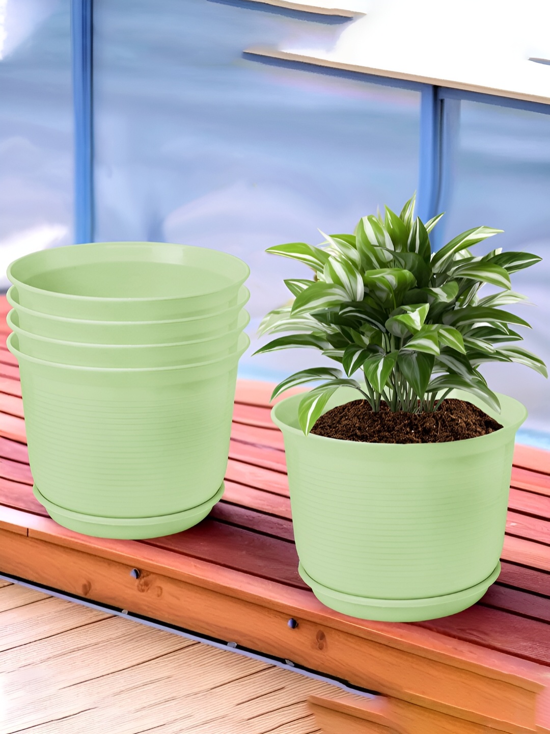 

Kuber Industries Green 5 Pieces Flower Pot Planters With Tray