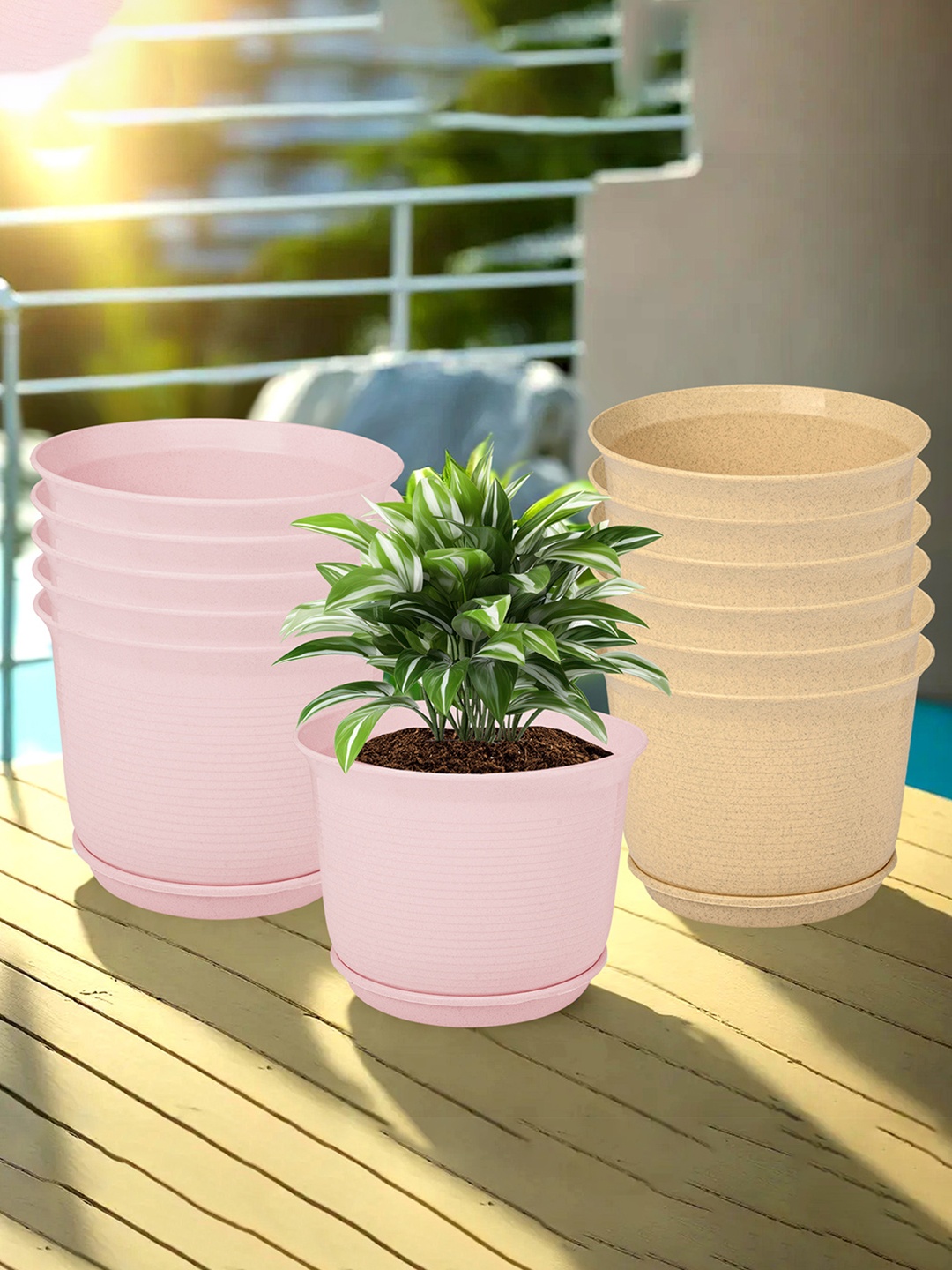 

Kuber Industries Beige & Pink 12 Pcs Textured Flower Pot Planters With Tray