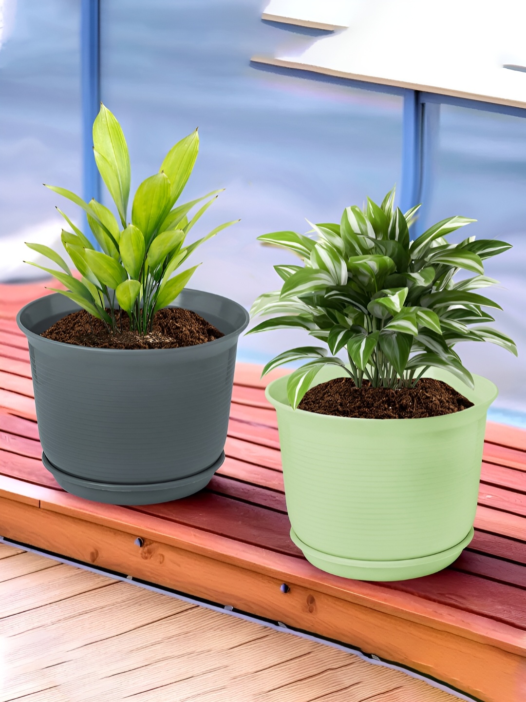 

Kuber Industries Green & Grey 2 Pieces Flower Pot Planters With Tray