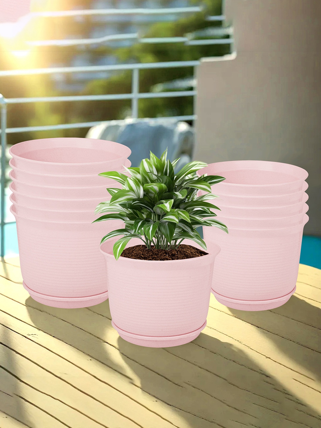

Kuber Industries Pink 12 Pieces Textured Flower Pot Planters With Tray