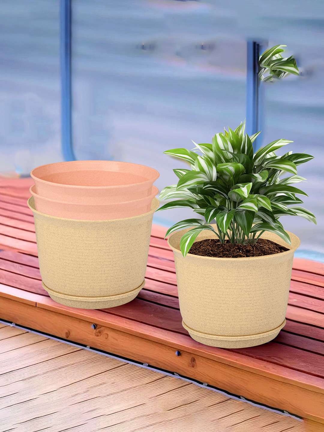 

Kuber Industries Beige & Peach 4 Pcs Coloured Textured Flower Pot Planters With Tray