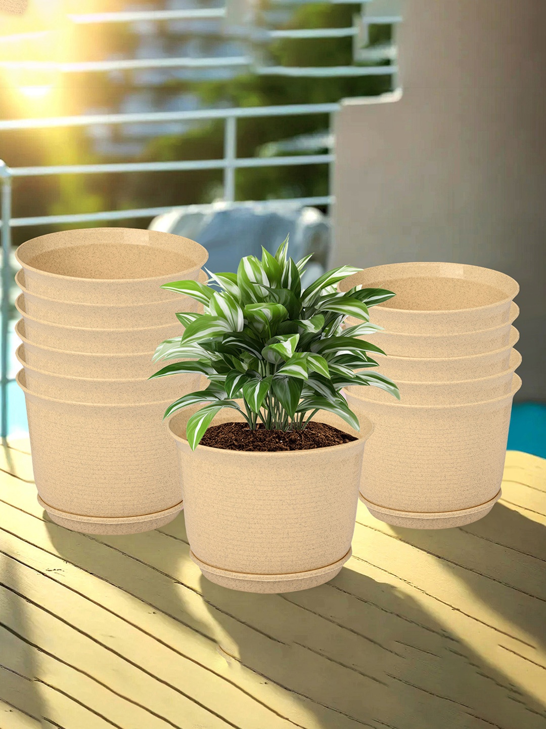 

Kuber Industries Beige 12 Pieces Textured Flower Pot Planters With Tray