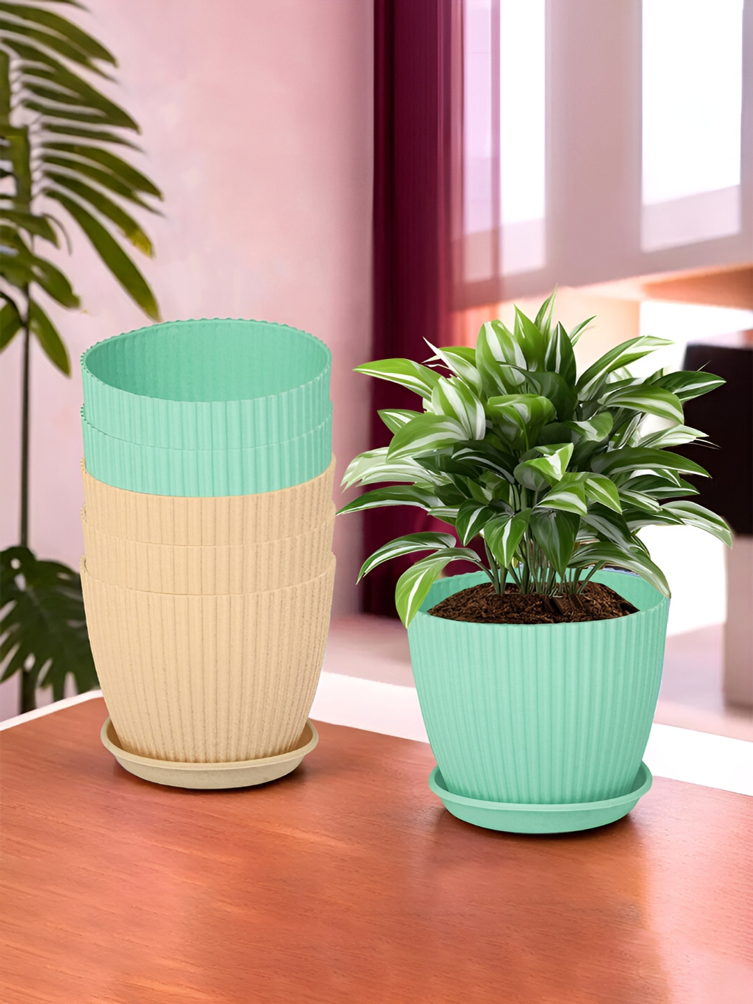 

Kuber Industries Beige & Green 6 Pieces Textured Flower Pot Planters With Tray
